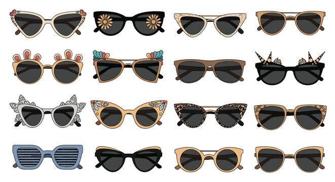 Large collection of trendy and stylish sunglasses featuring various frame shapes lens colors and decorative elements like flowers and animal ears.