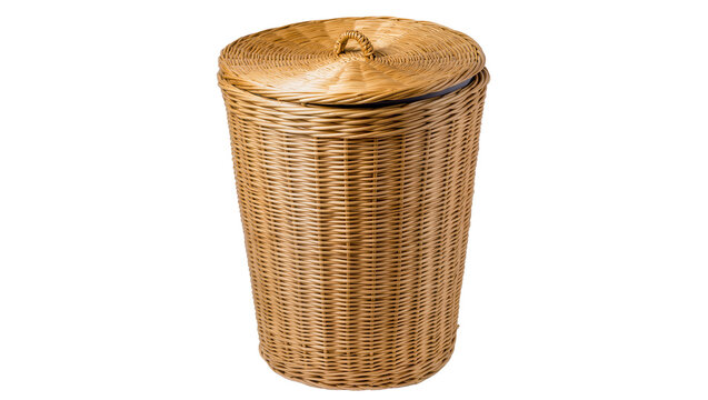 Woven wicker laundry hamper with lid, isolated on transparent background