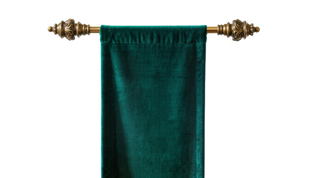 Ornate brass curtain rod with decorative finials holding a deep green velvet curtain, isolated on transparent background