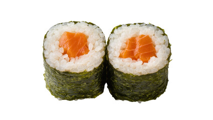 Two maki sushi rolls with fresh salmon and white rice, isolated on transparent background © Freya