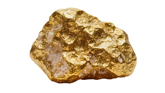 Rough textured golden nugget with crystalline inclusions, isolated on transparent background