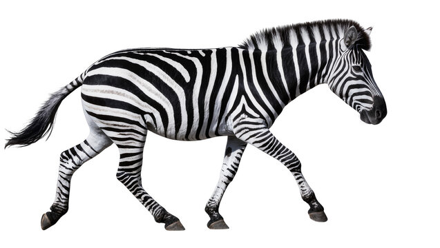 Striped zebra walking, isolated on transparent background