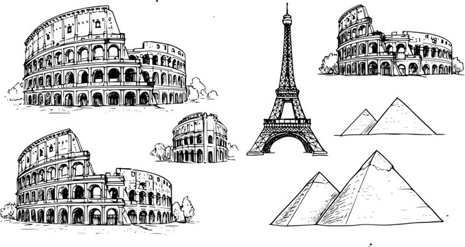 Hand drawn sketch set of iconic world landmarks including the Colosseum, Eiffel Tower, and Pyramids, ideal for travel and global themes.