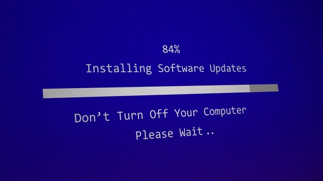 Software update installing screen process with loading bar animation. Computer system maintenance progress. 4k