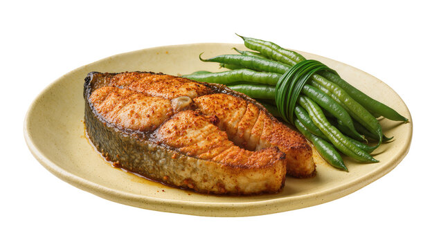 Pan-seared salmon steak with green beans, isolated on transparent background