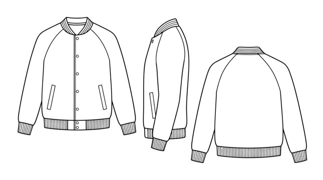 Blank varsity jacket mock up template front back and side view casual wear clothing apparel design isolated.