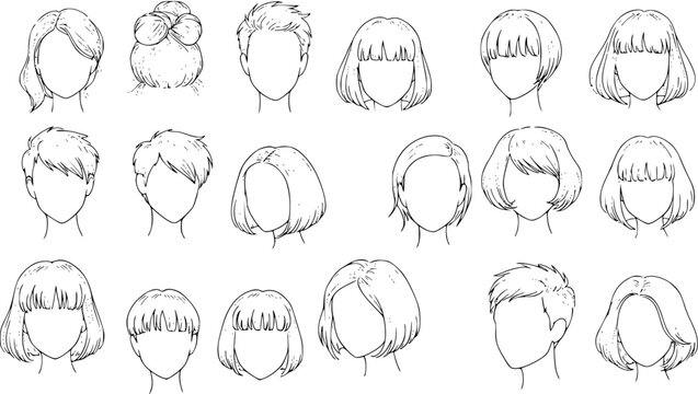 Diverse Hand-Drawn Hairstyles Collection: A Variety of Haircuts for Women and Men in Black and White Line Art, Perfect for Character Design Templates and Beauty Illustrations.