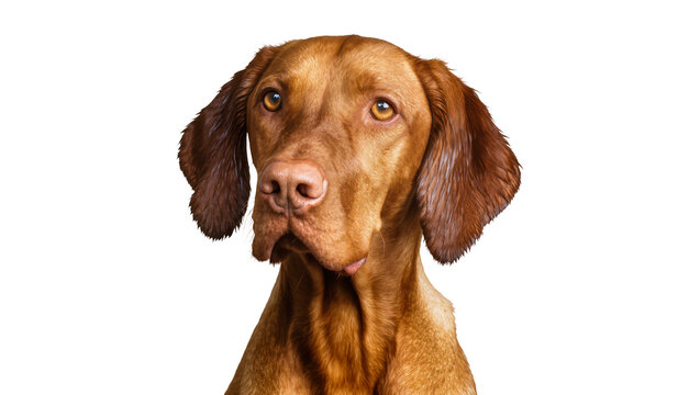 Brown Vizsla dog head with floppy ears, isolated on transparent background