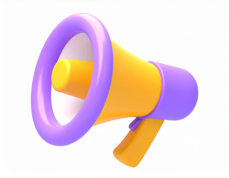 Bright yellow and purple 3D cartoon megaphone with a rounded horn and handle isolated on a white background for