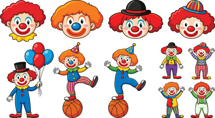 Fototapeta premium Cute Cartoon Clown Characters Collection with Red Curly Hair Balloons and Costumes Illustration