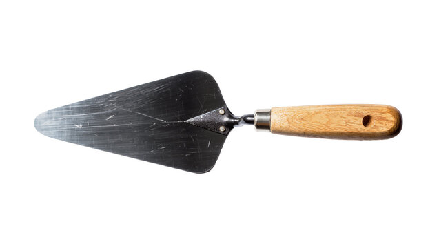 Metal trowel with wooden handle, isolated on transparent background