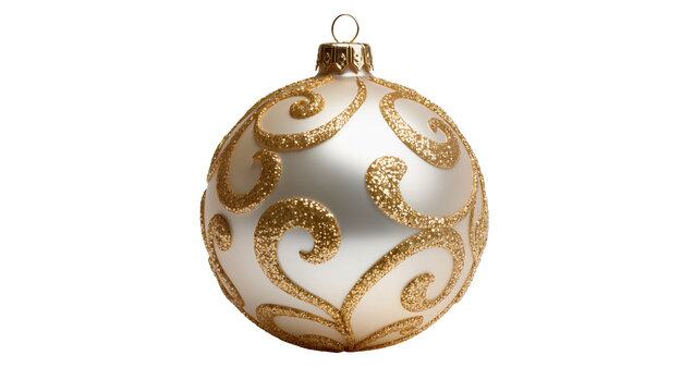 Elegant silver Christmas ornament with gold glitter swirls, isolated on transparent background