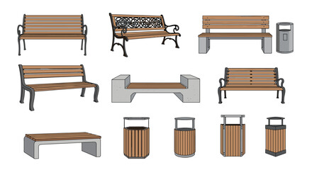 Fototapeta premium Collection of different park bench styles and outdoor public trash cans in wood and metal finishes for urban planning concepts.