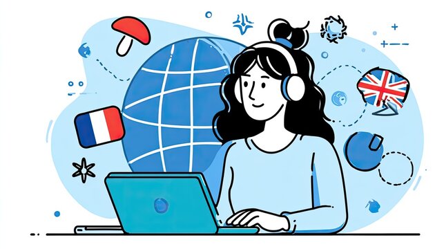 Person learning languages online with global connection and flags