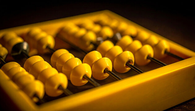 Detailed view of a bright yellow abacus with beads on metal rods, showing the texture and arrangement against a dark