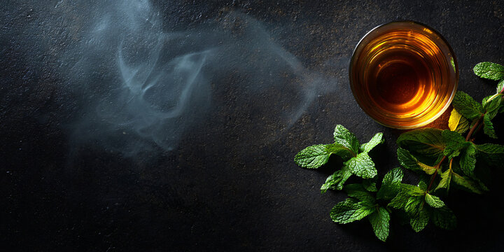 Steaming Arabic Mint Tea Cup with Herb Leaves