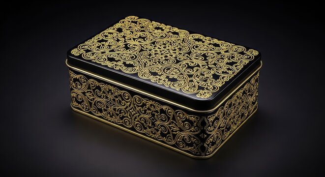 A sophisticated rectangular metal tin box featuring a detailed gold filigree pattern set against a deep matte black background under light, decorative, aesthetic, embossed