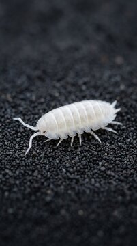 White isopod crustacean on black volcanic sand macro close up
