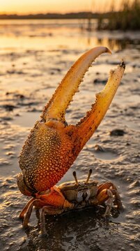 Fiddler crab with large orange pincer on muddy beach shore