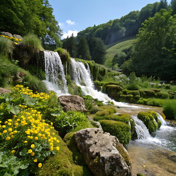 Waterfall cascading through lush green forest