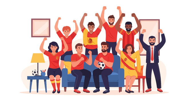 A diverse group of enthusiastic Spanish football fans celebrating a victory together in a living room setting, cheering with raised arms and wearing team colors.