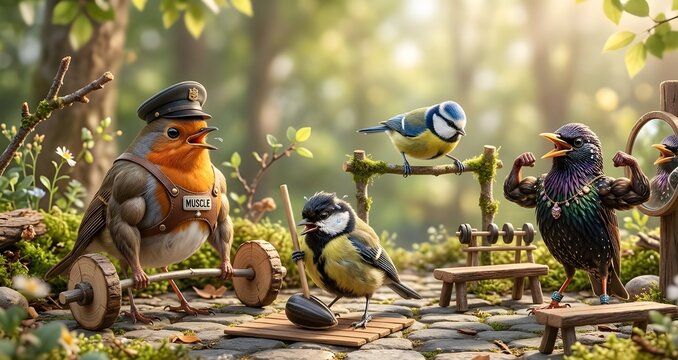 &ldquo;Funny Gym Birds Working Out with Weights &ndash; Creative Animal Fitness Concept