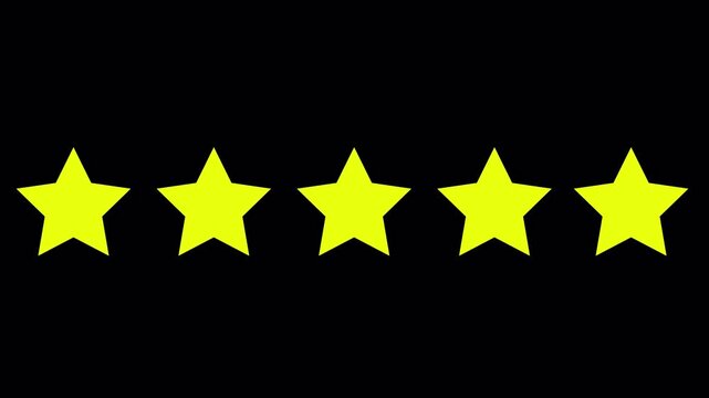 Special with rating star icon animation. Golden glowing five star flat symbol animation with transparent black background. Customer feedback, 5 star rating 4k animation video. 
