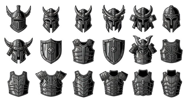 Collection of warrior helmets and armor set illustrations for design