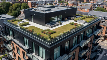 Obraz premium Modern Apartment Building Rooftop Garden with Green Roof and Outdoor Seating Area