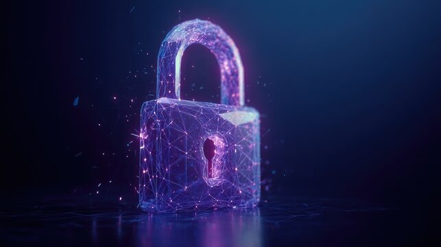 Glowing digital padlock made of wireframe on a dark background