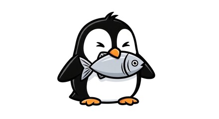 Obraz premium Cartoon penguin eating fish illustration isolated on white background