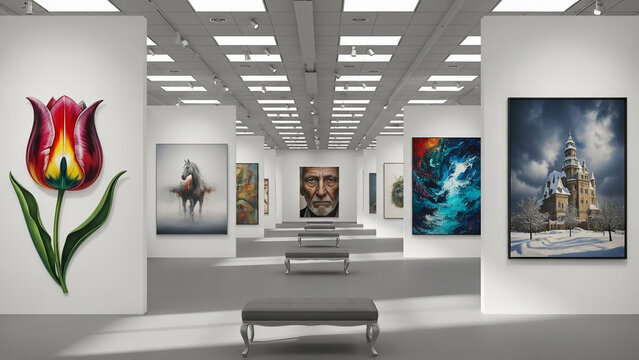 Modern Art Gallery Display Featuring Diverse Paintings and Sculptural Elements