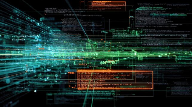 Abstract digital data streams with glowing code and geometric patterns