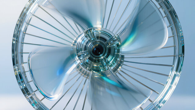 Transparent glass electric fan with spinning blades and motion blur effect, modern crystal appliance design concept with cool blue tones and dynamic movement