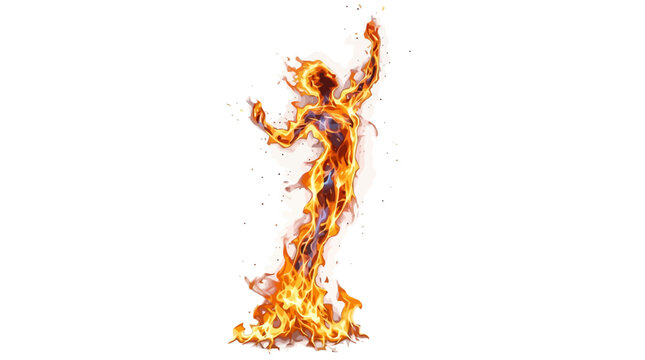 Digital fiery silhouette of dancing human figure with vibrant orange and red flames isolated on white background