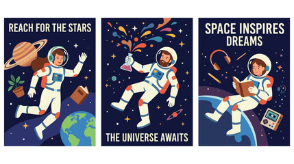 Three posters with cartoon astronauts in space exploring stars and science with cute art. © Amina