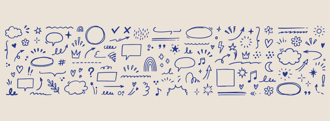 Minimal hand drawn correction marks set, presentation flowchart speech bubbles line illustration, hand drawn bullet points doodle background, expressive strokes crossing cross marks elements, creative © pankaj