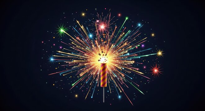 A vibrant digital illustration of an exploding firecracker with brilliant colorful sparks and shimmering stars for festive celebrations, festive, firecracker, decoration