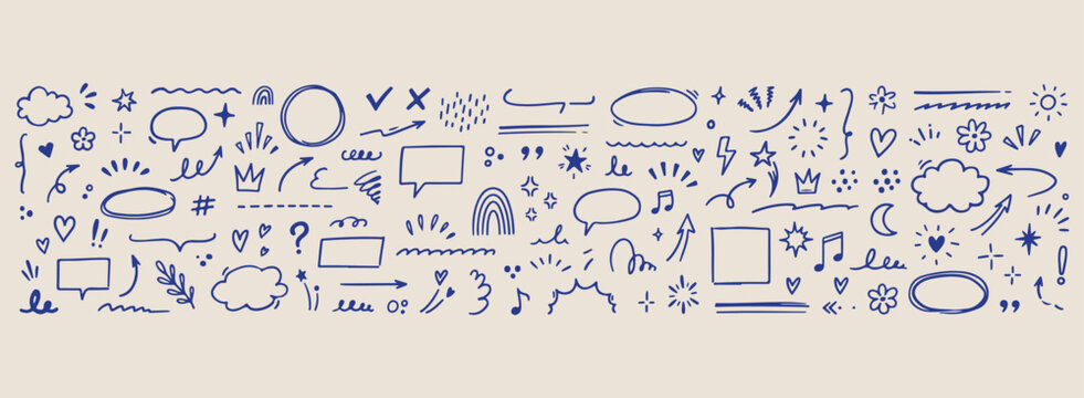 Minimal hand drawn correction marks set, presentation flowchart speech bubbles line illustration, hand drawn bullet points doodle background, expressive strokes crossing cross marks elements, creative
