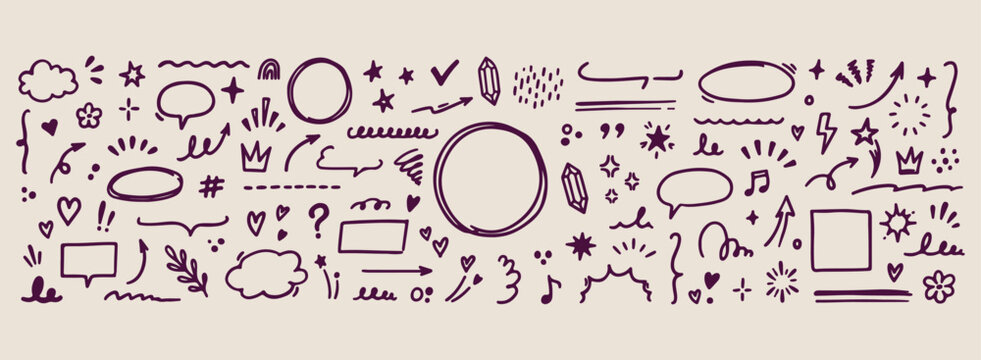 Minimal hand drawn miscellaneous scribbles set, abstract geometric circles stars line illustration, hand drawn question mark check boxes doodle background, expressive strokes layout frames elements, c