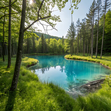 Serene pond surrounded by tall green trees