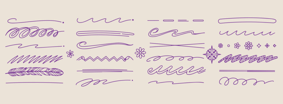 Minimal hand drawn highlighter swashes set, text emphasis underline strokes line illustration, hand drawn divider borders doodle background, expressive strokes zigzag waves elements, creative separato