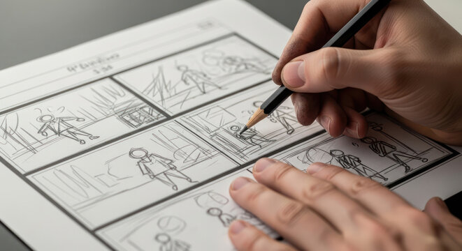 Closeup of a persons hands sketching a storyboard with pencil on paper.