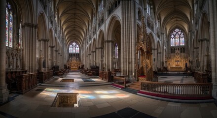 Obraz premium A Panaromic view of the interior of Westminster Abbey in London, specifically looking towards the high altar from the nave