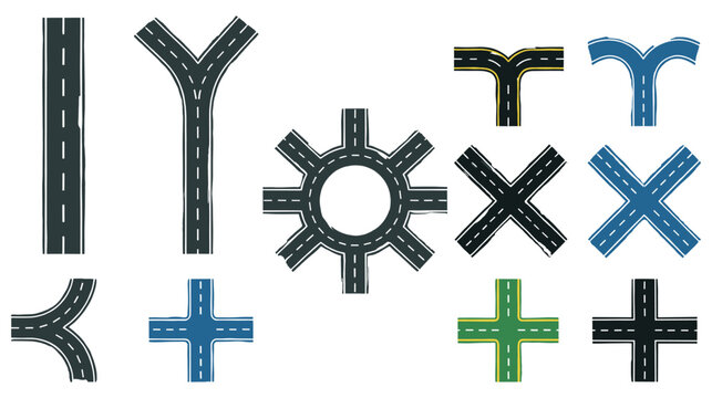 Collection of road segments junctions and roundabout icons for map or city design layout.