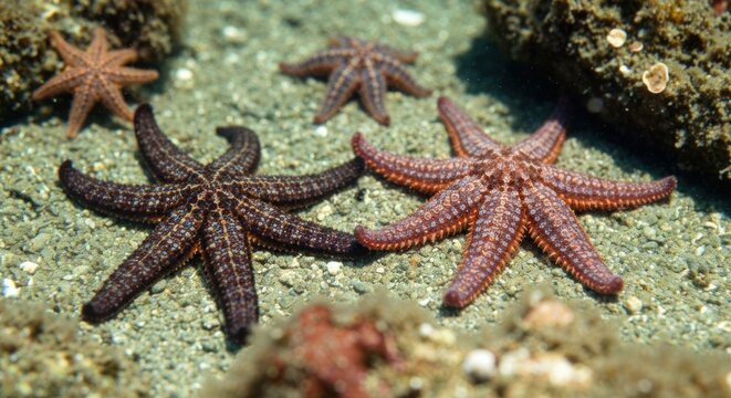 Group of various starfish on a sandy ocean floor, underwater