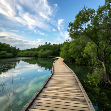 Wooden boardwalk through serene waterway