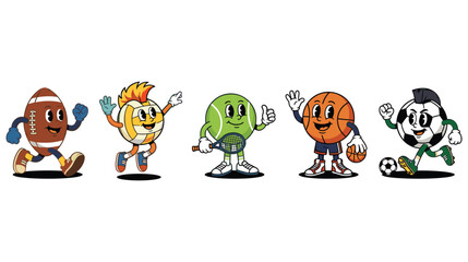 Set of colorful sport ball character mascots with classic vintage cartoon style design. © Amina