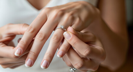 Fototapeta premium Closeup of a womans hands with a sparkling engagement ring.
