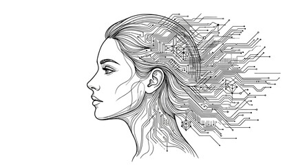 Fototapeta premium female profile silhouette with digital data flow and futuristic technology concept line art illustration
